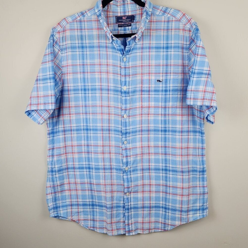 Vineyard Vines sz men  L slim fit Tucker shirt blue plaid cotton .